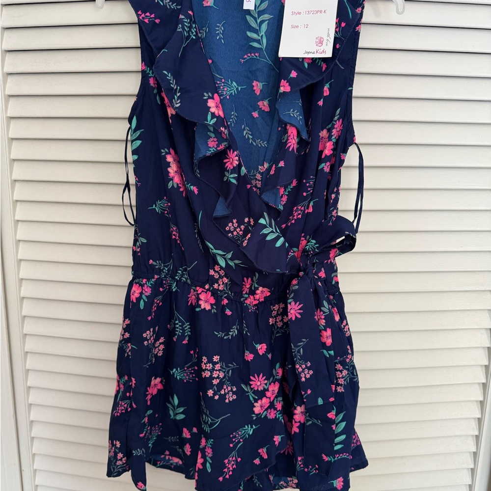 Navy Floral Sleeveless Dress with Tie Waist